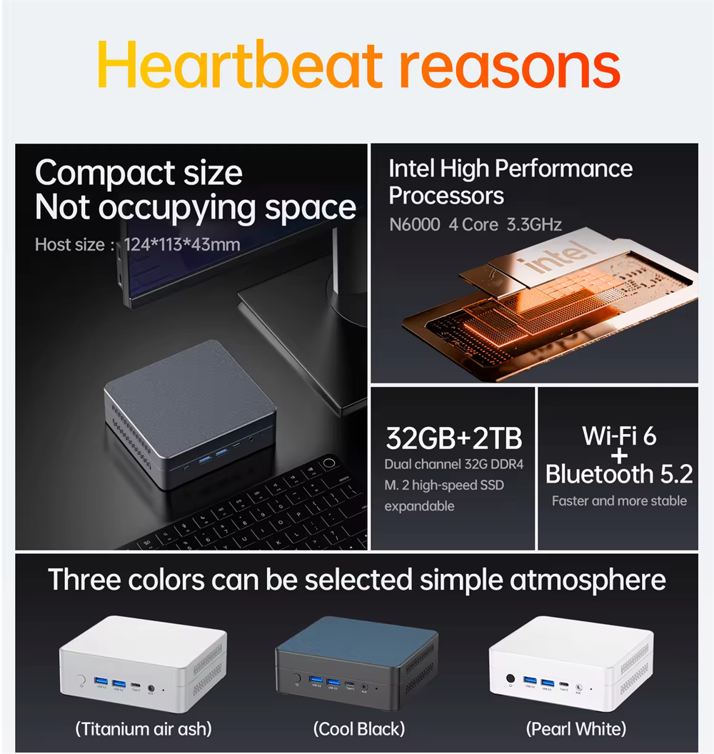 Mini PC Intel N6000 4GB DDR4 128gb SSD Windows11 Mini 4K Display Computer PC Dual HD RF45 Port Type-C WiFi 6E BT5.2 mini pc