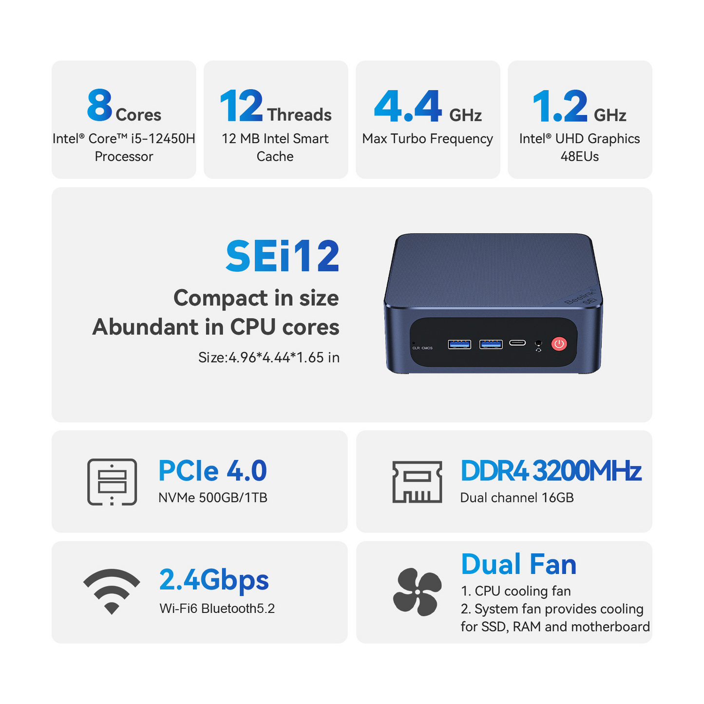 Beelink SEI12 Small pc Mini Game Pc I9 I7 Intel Core i5 12450H Processor Win11 Mini Gaming PC computer 16gb ram ssd 500gb