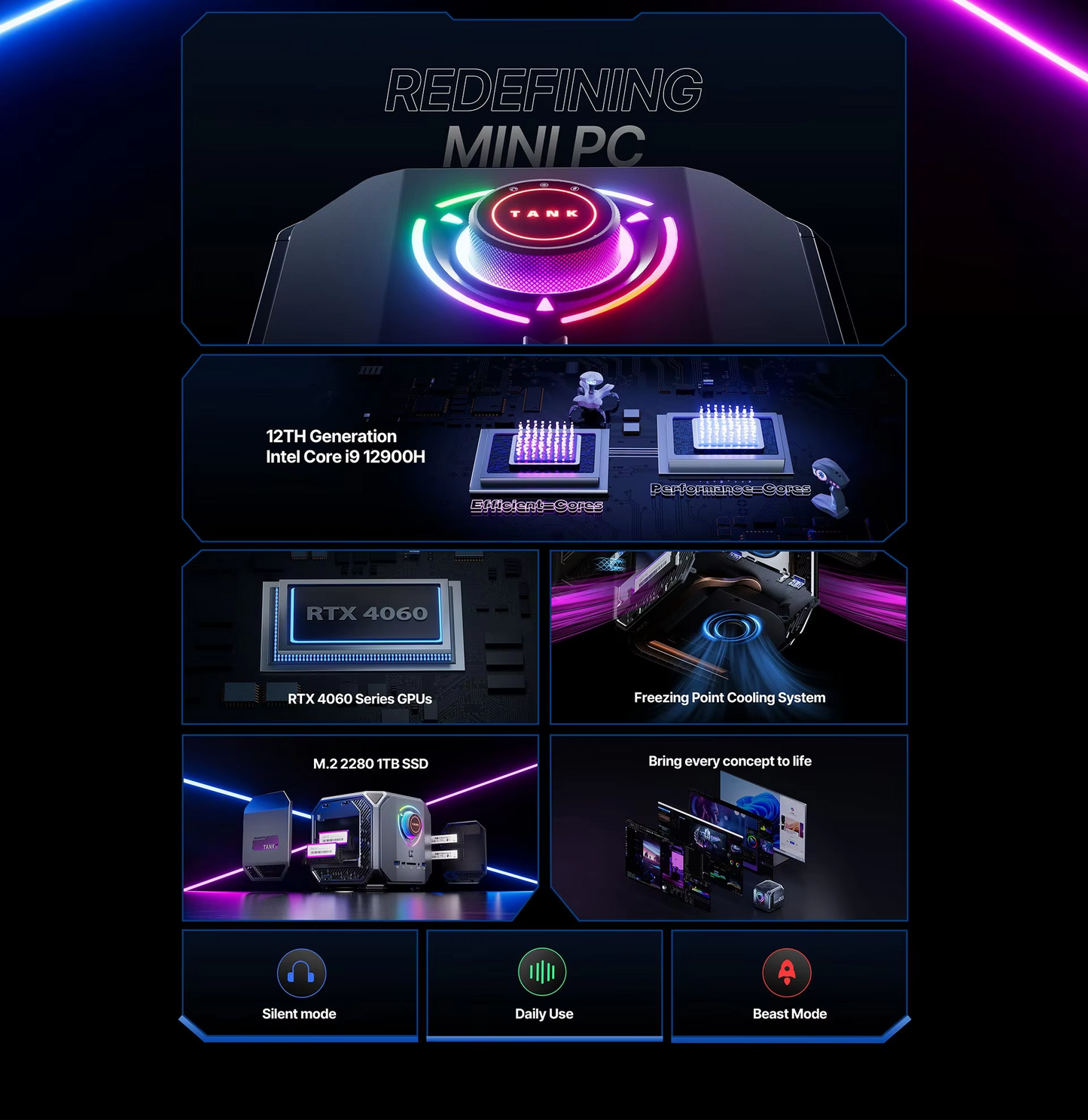 Gaming MINI PC TANK03 M1A RTX 3080 4050 4060 I9 12900H I7 12700H WIFI6 32G RAM DDR5 2TB Desktop Computer Oem Mini Pc I9 12th Gen