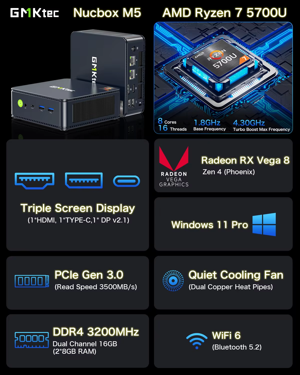 GMKtec M5 Gaming Mini PC AMD Ryzen 7 5700U Windows11 DDR4 NVMe Mini Desktop Computer gaming pc 16+512