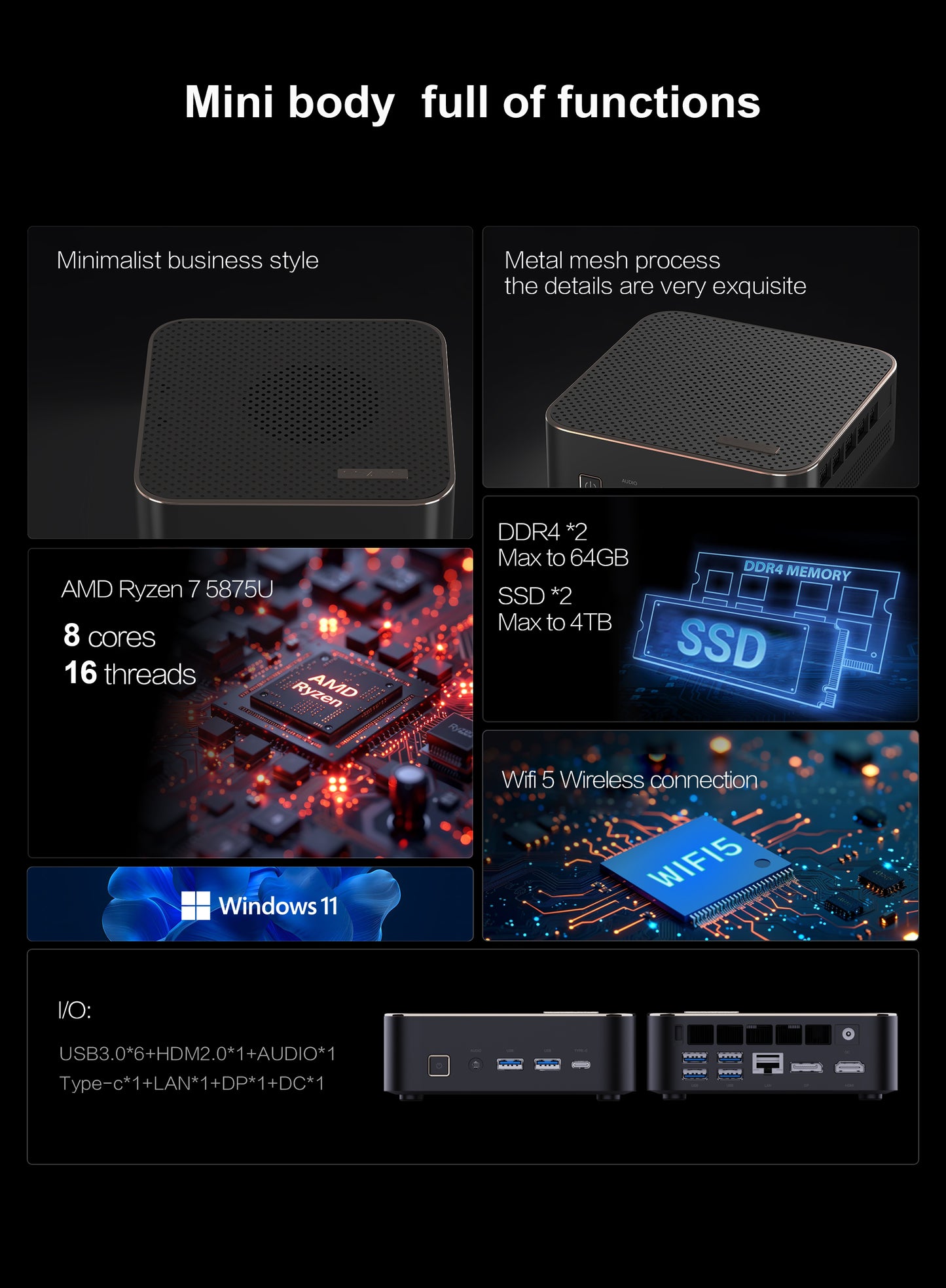 E3A AMD R5 RYZEN 7 R9 7430U Gaming Mini PC I5 12450H/I7 12700H/I9 12900H Win11 Pro DDR5 SSD 512GB 4K Wifi6 DP Gaming Mini Pc Computer