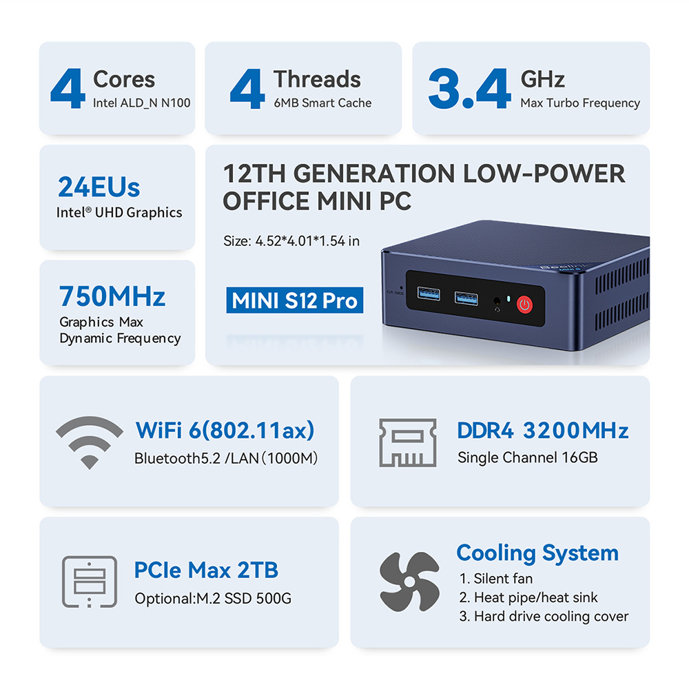 Beelink s12 pro N100 Mini Pcs 8G RAM DDR4 128g M.2 NVME SSD windows11 Desktop mini pc