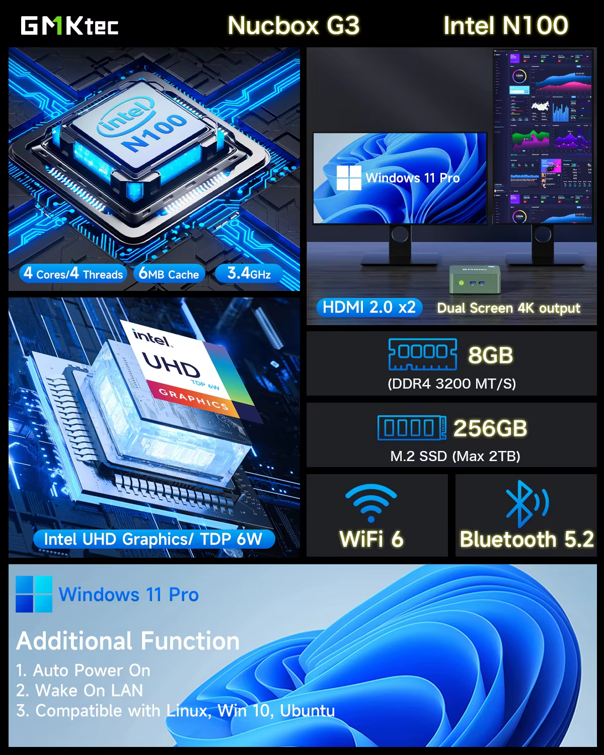 GMKtec G3 Intel N100 MINI PC Computer DDR4  8G SSD 256GB WIFI 6 BT 5.2 Windows11 pro MINI Computer Cheap MINI PC